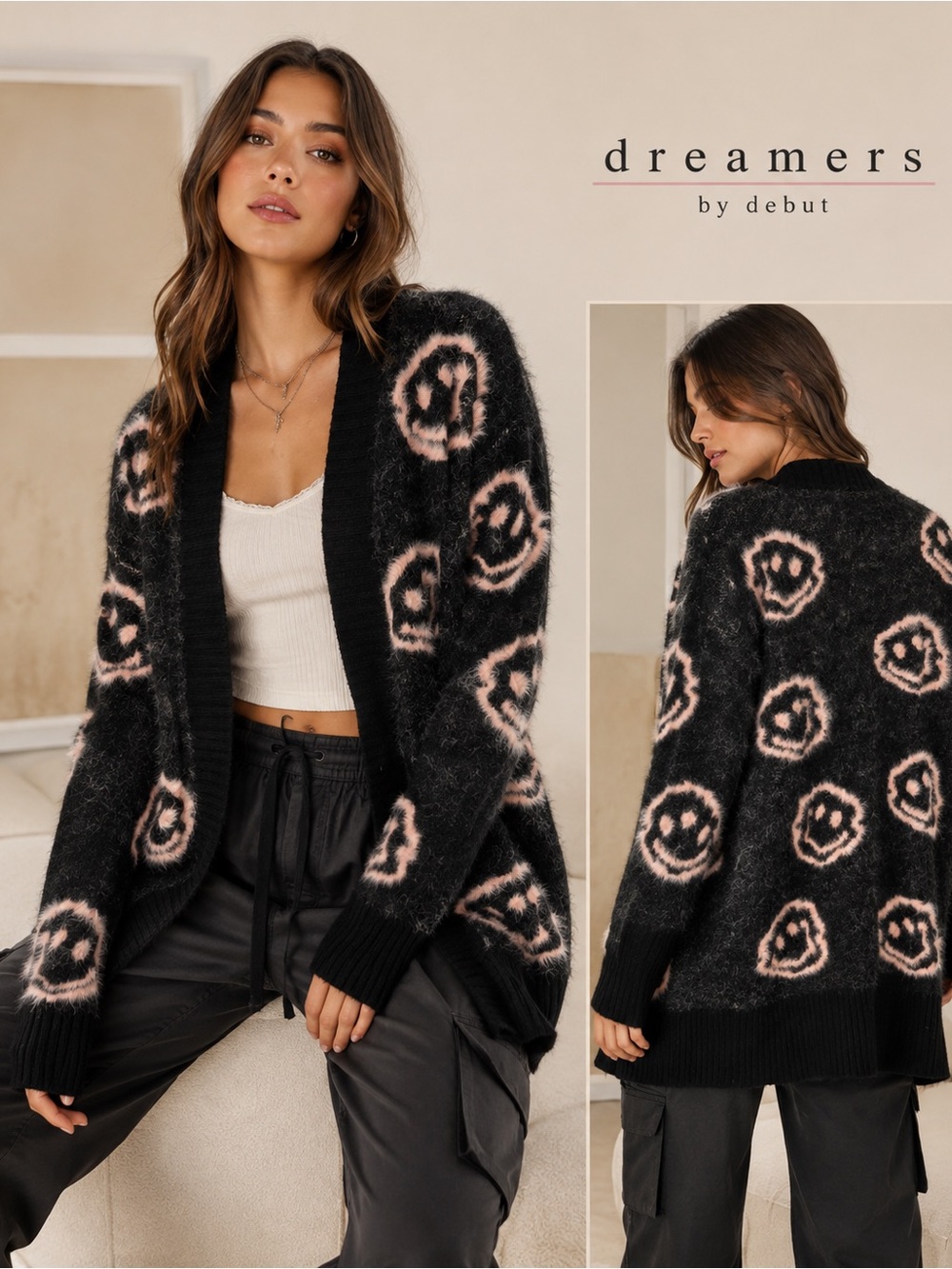 Dreamers by Debut Cardigan L Smiley Face Fuzzy Black Pink Y2K Open Front